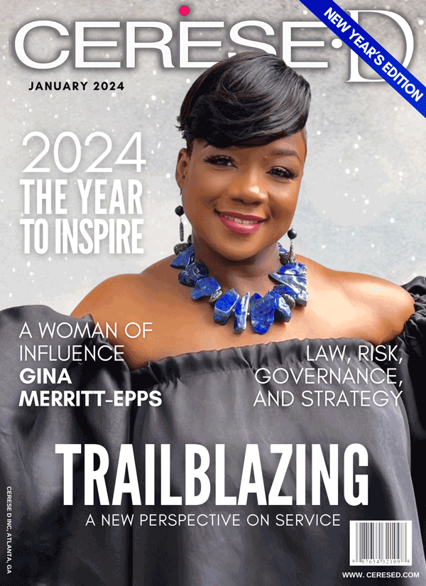Smiling beautiful black woman wearing a black off the shoulder top and a large blue beaded necklace and dangling earrings on the cover of a cerese D magazine