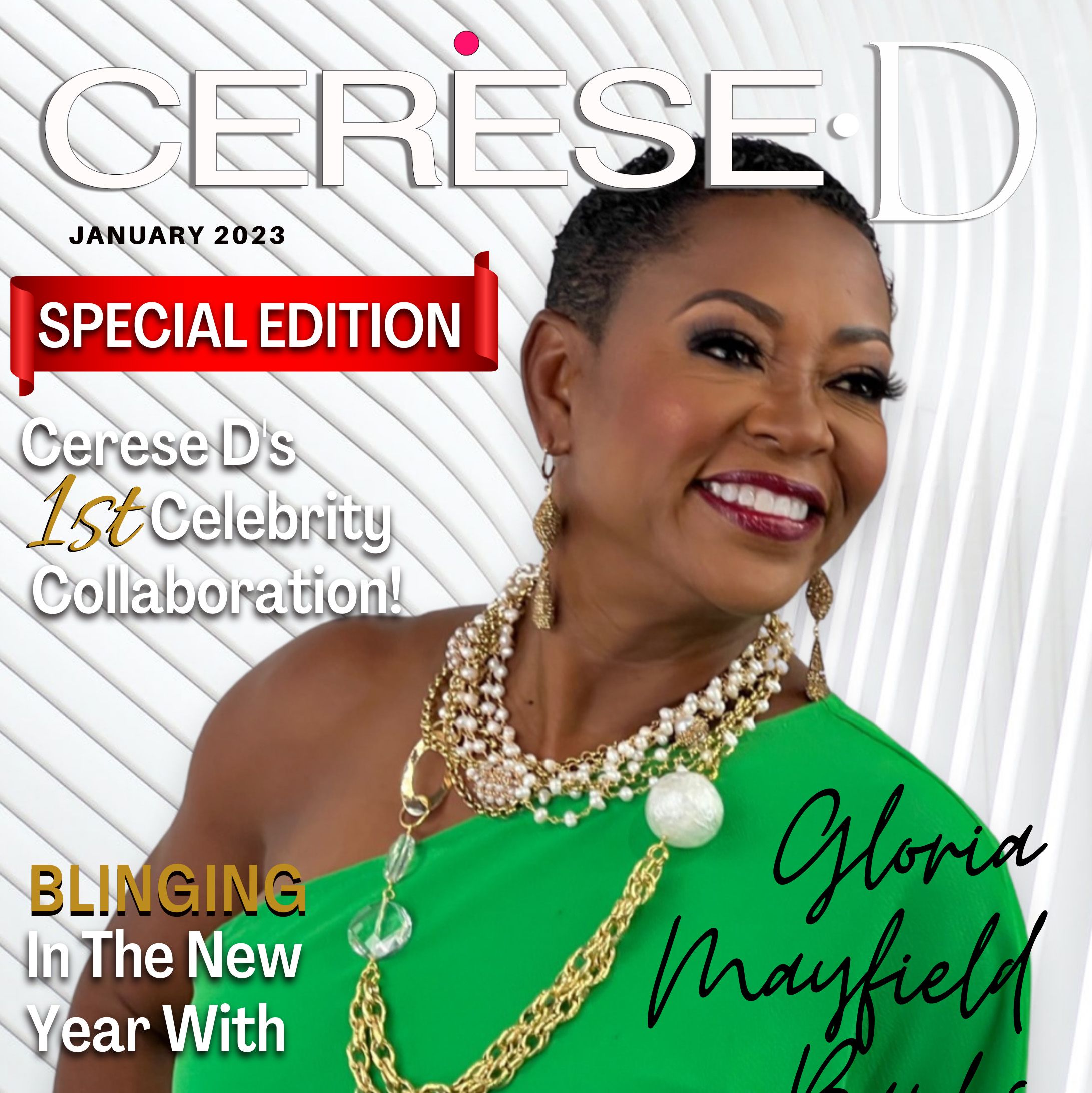 Image of a smiling woman named Gloria Mayfield Banks on a magazine cover wearing a bright green off the should top and multiple large chains necklaces with various white beads with a white swirly background