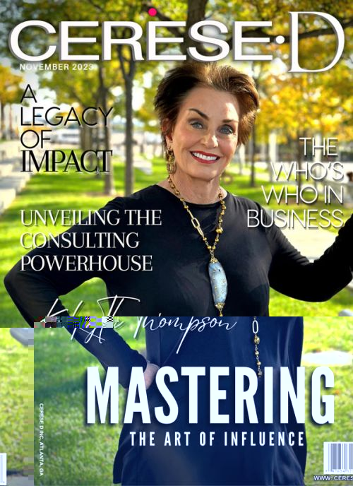 Smiling woman with brown hair in a black top and standing in a park like setting and wearing a long lariat style necklace in gold metal with a large blue stone on a Cerese D magazine cover