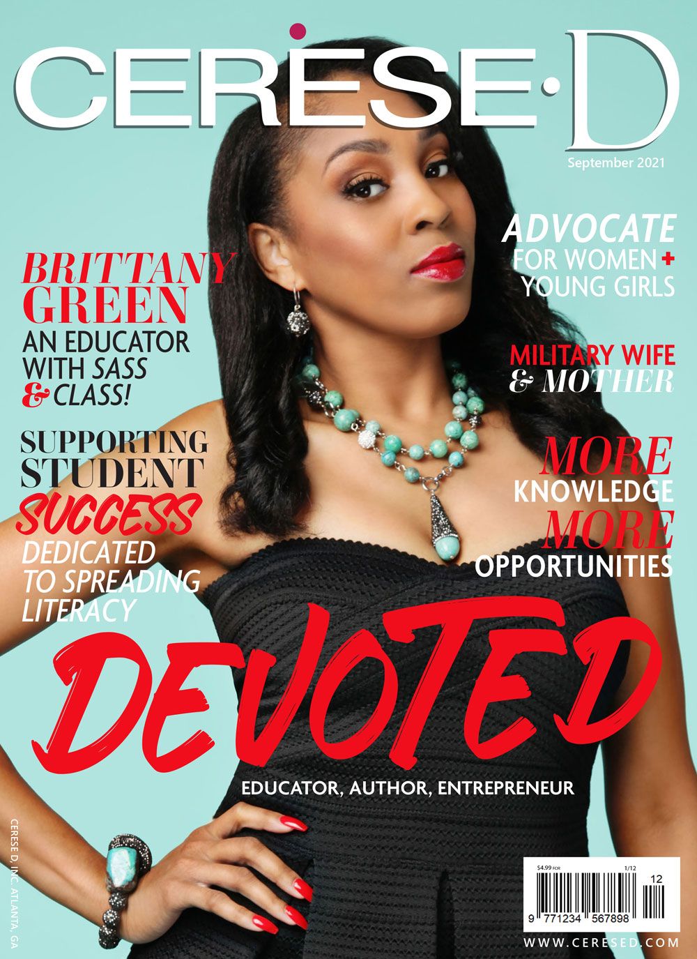Woman in black dress on magazine cover with bold red lipstick and big turquoise jewelry on aqua green background