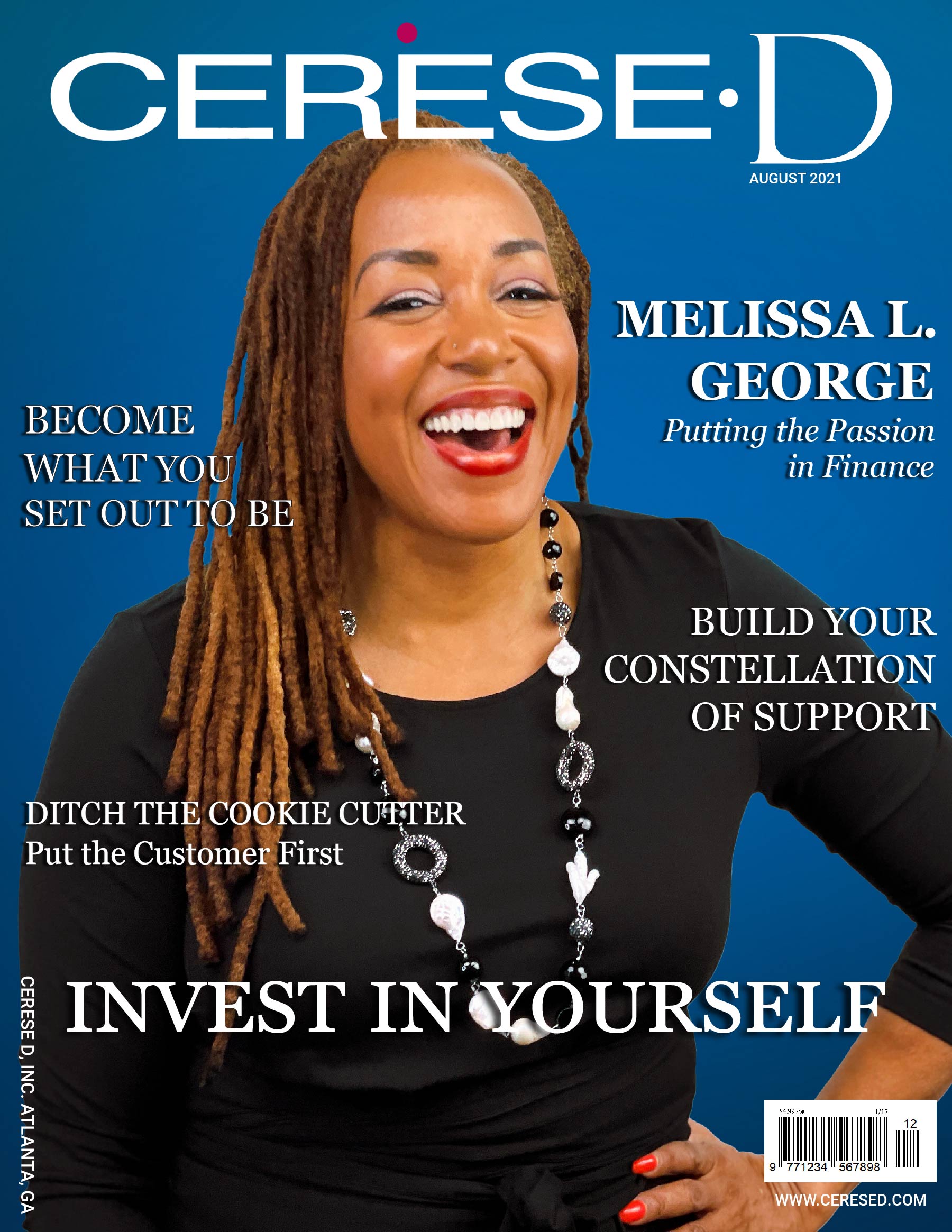 Smiling black woman in a black top wearing a beaded necklace on the cover of Cerese D Magazine