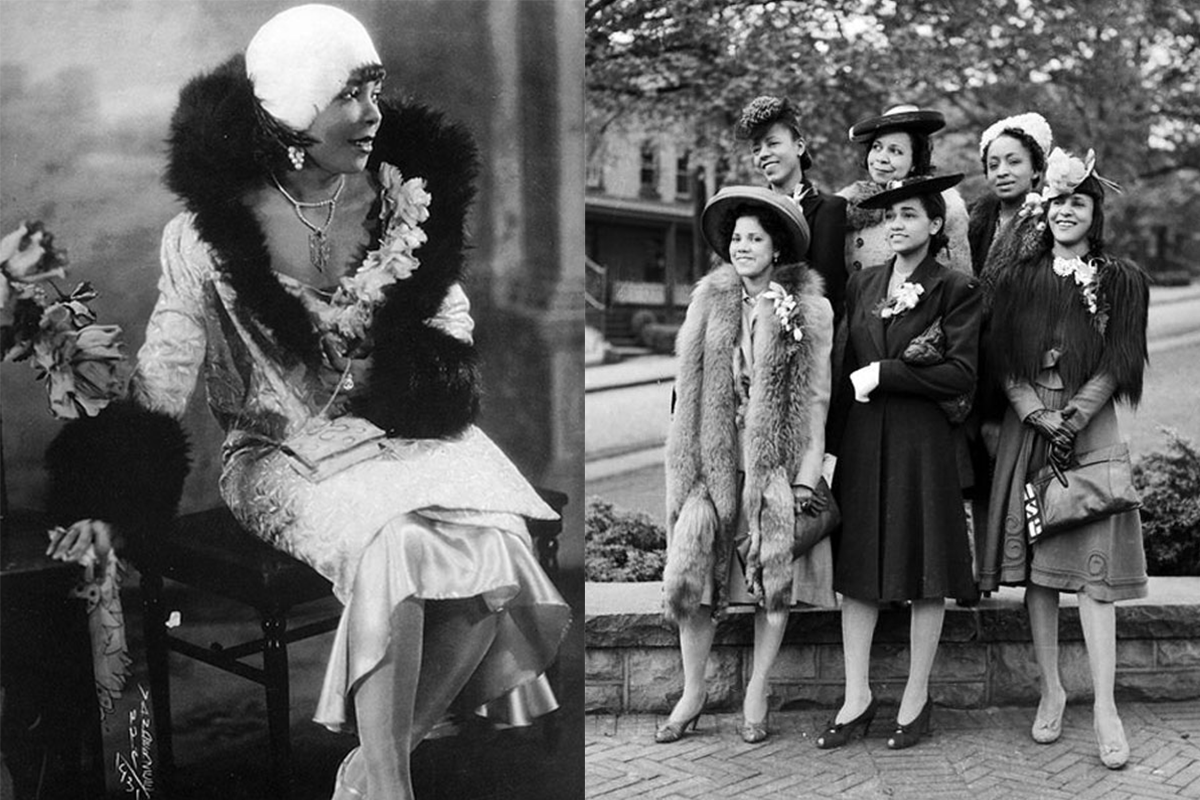 Two photos of women from 1920s-1940s dressed up in their fancies