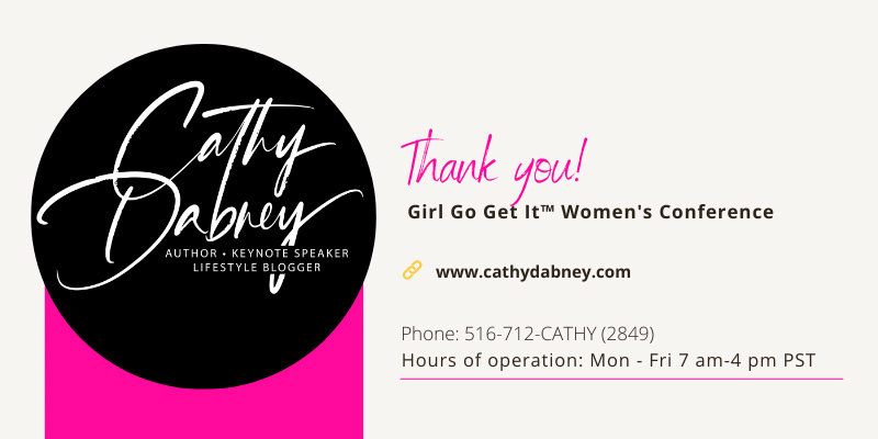 Cathy Dabney Business card in white, pink and black