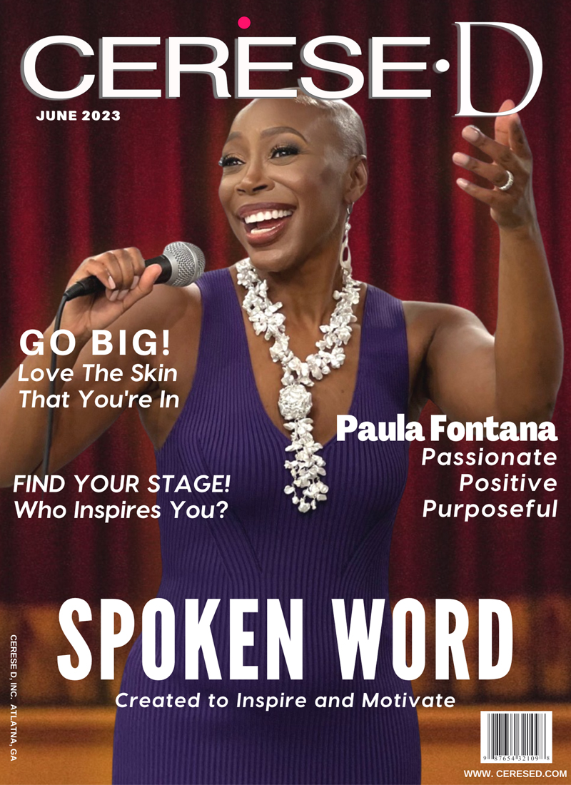 smiling black woman holding a microphone to her mouth wearing a purple sleeveless v-neck dress and a large beaded white necklace in front of a dark red curtain on a cerese d magazine cover