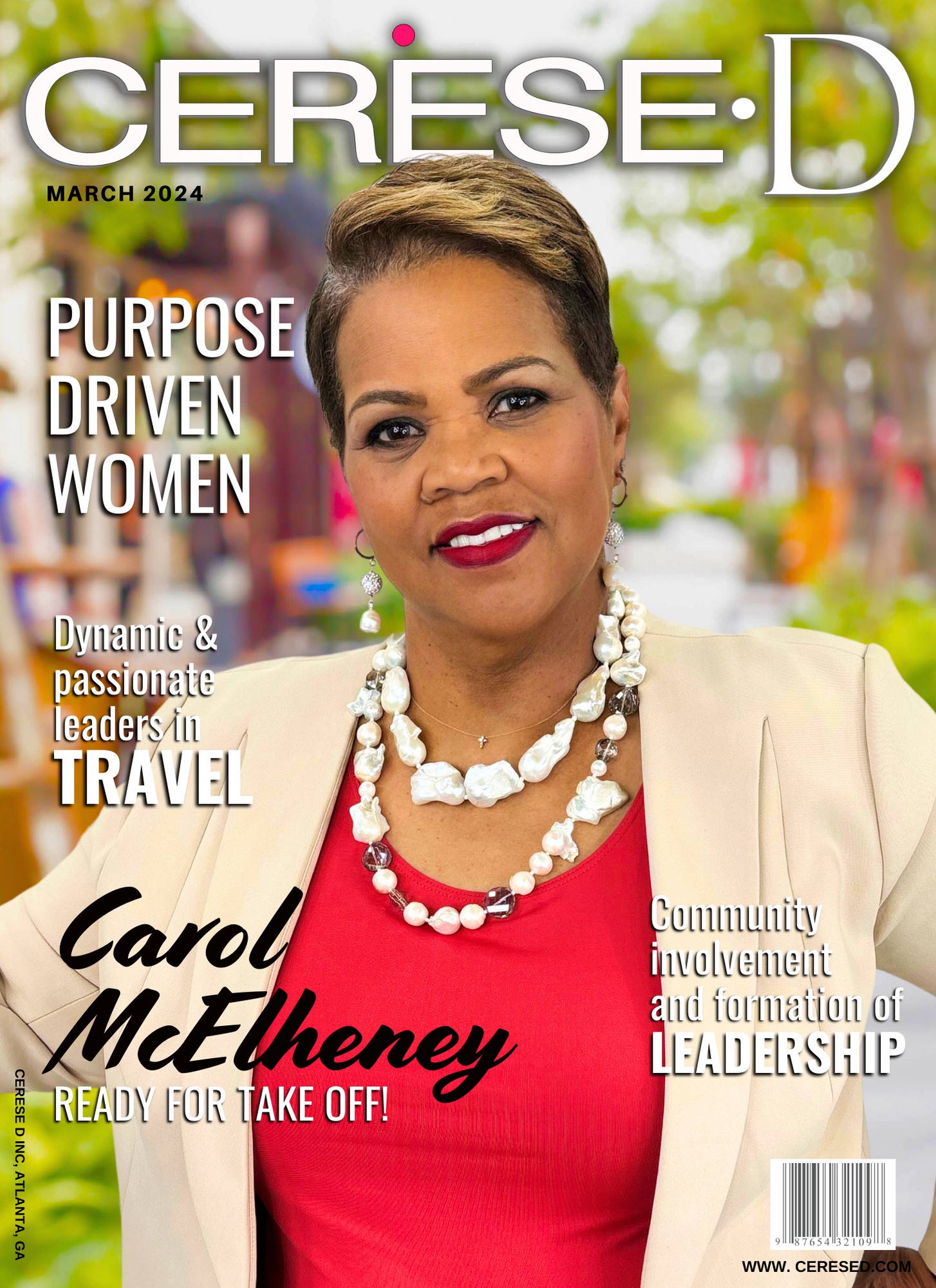 Smiling black woman standing in front of a night time cityscape wearing a black sleeveless dress and and a large beaded white and black necklace on a Cerese D magazine cover