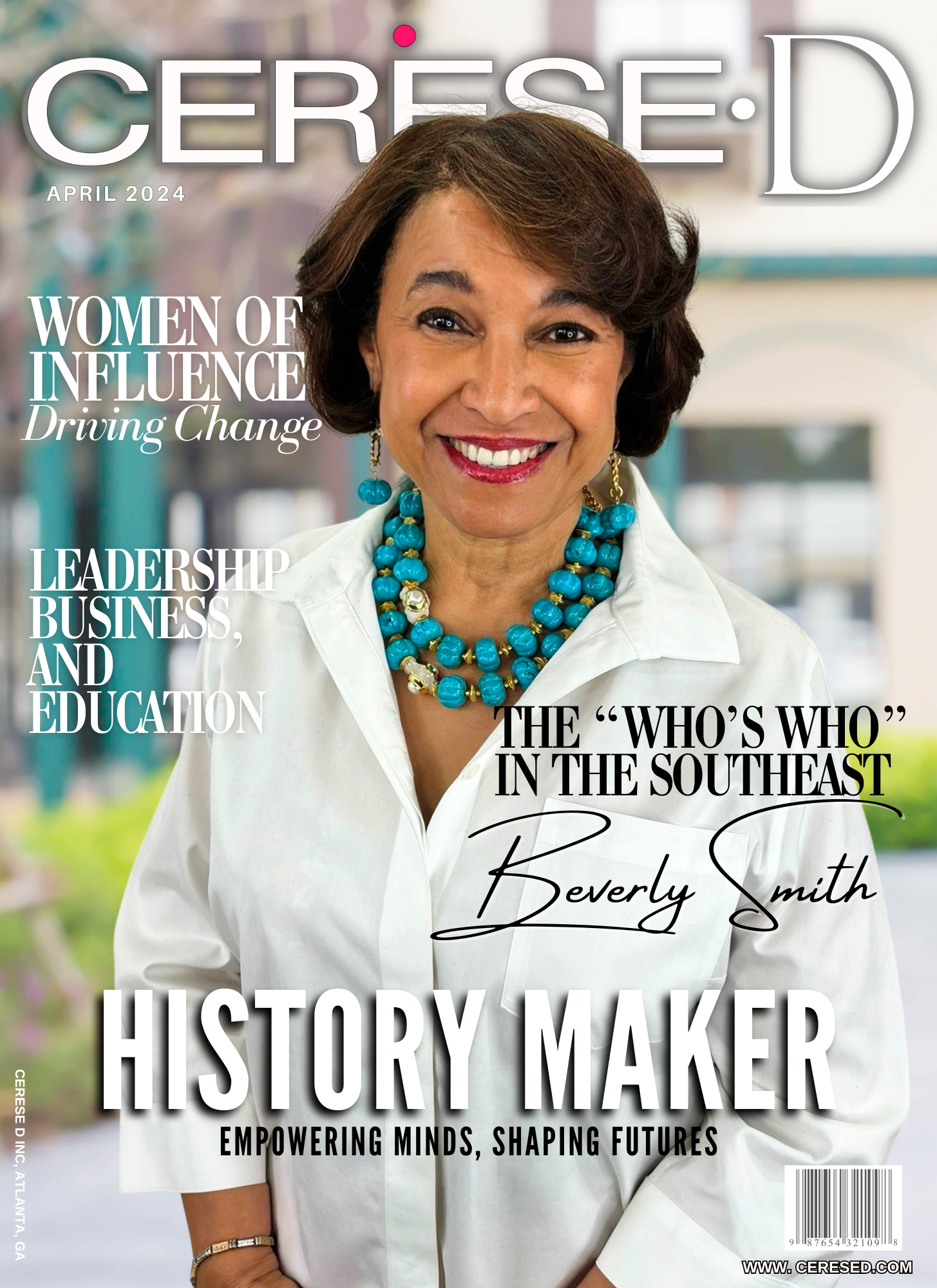 Smiling black woman standing in front of a night time cityscape wearing a black sleeveless dress and the Turquoise Swirl Necklace on a Cerese D magazine cover
